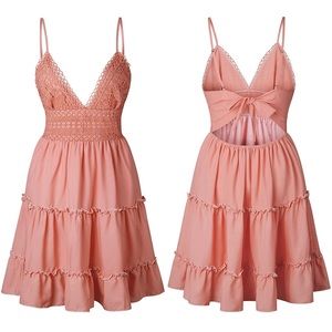 Ecowish V-Neck Spaghetti Strap Bowknot Backless Sleeveless Lace Mini Dress